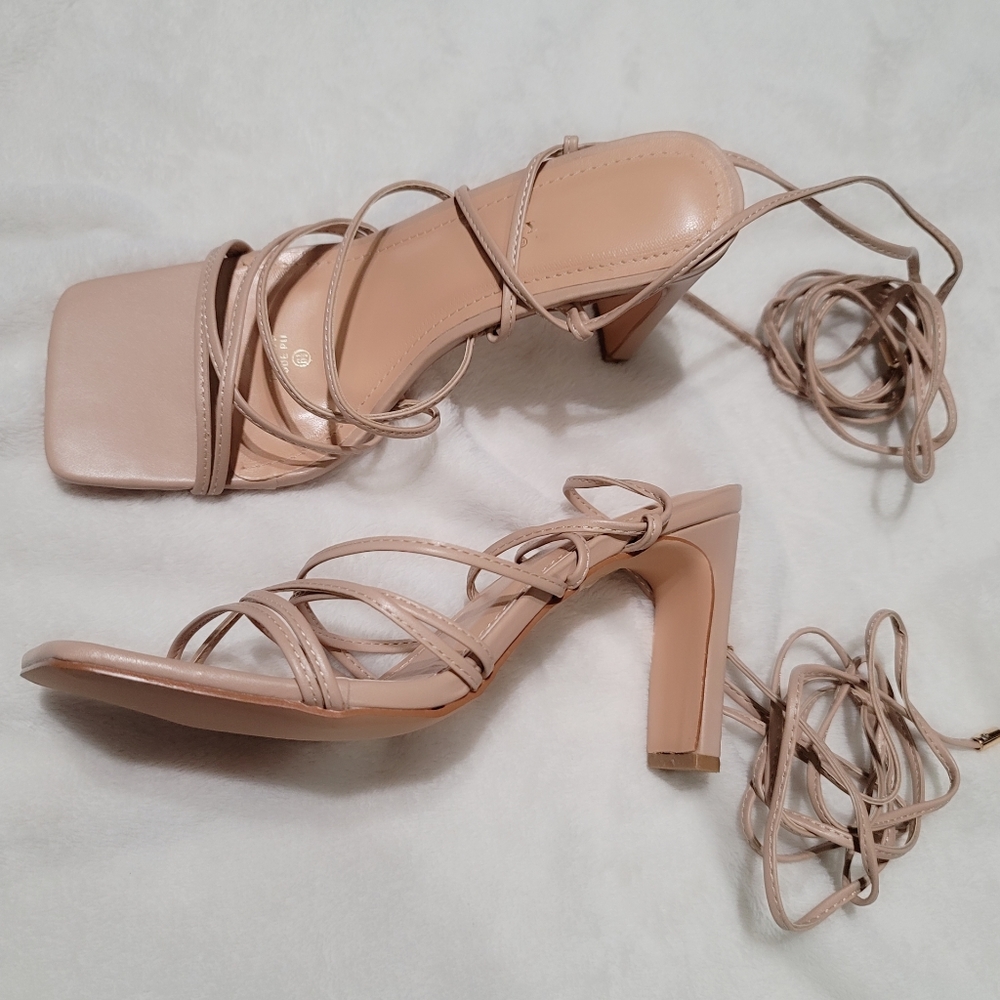 Square Toe Strappy Lace Up Mid Heel Sandal in Nude - Picture 6 of 8